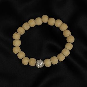 Silver Tone Metal Clear Colorless Rhinestones Wooden Beads Fashion Bracelet 7"